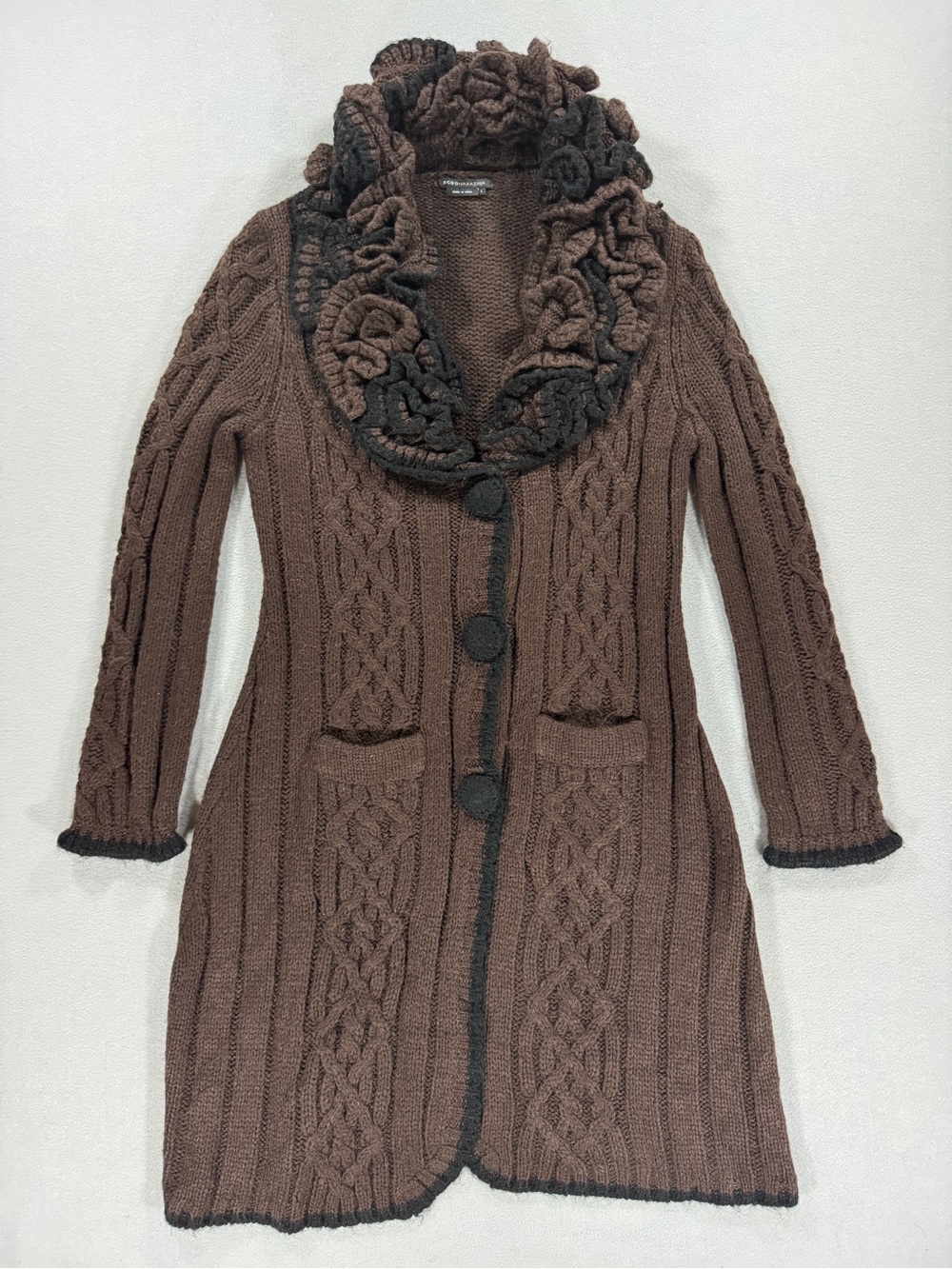 BCBGMAXAZRIA Cable Knit Ruffle Collar Long Cardigan Sweater Coat Womens L Boho